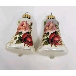 Krebs Bell Christmas Ornaments White w/Pink & Red Roses Set of 2 West Germany